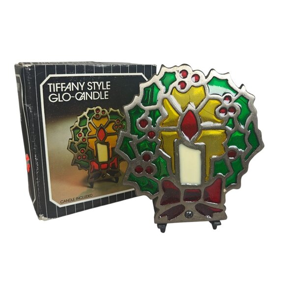 Vintage Tiffany Style Glo-Candle Stained Glass Cast Iron Christmas Candle Holder - Picture 1 of 6